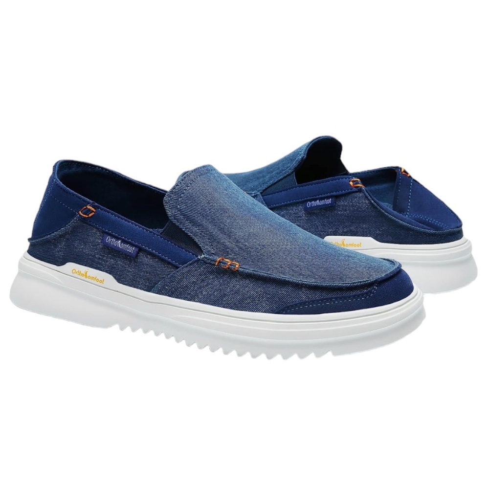 OrthoComfoot Slip-On Blue Denim Suede Boat Shoe Loafer/Arch Support Size…